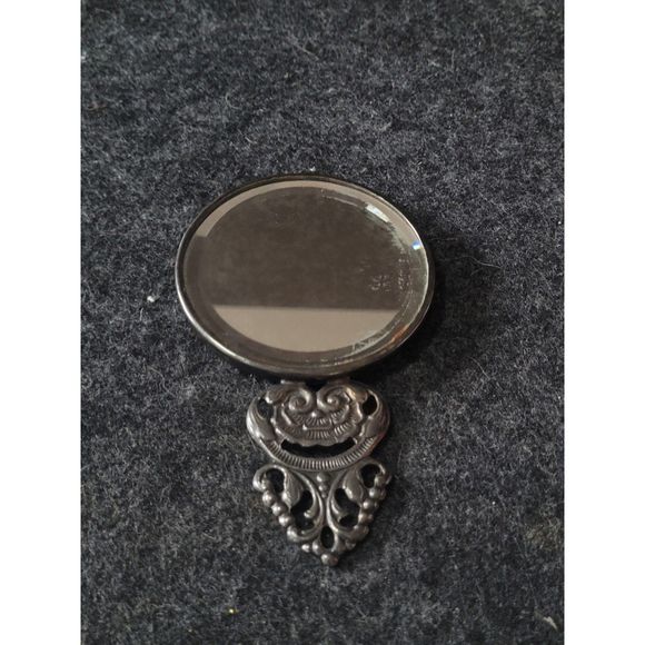 Vintage Silver plate purse Danish Hand Mirror embossed Island Scene Palm Trees - Picture 2 of 5